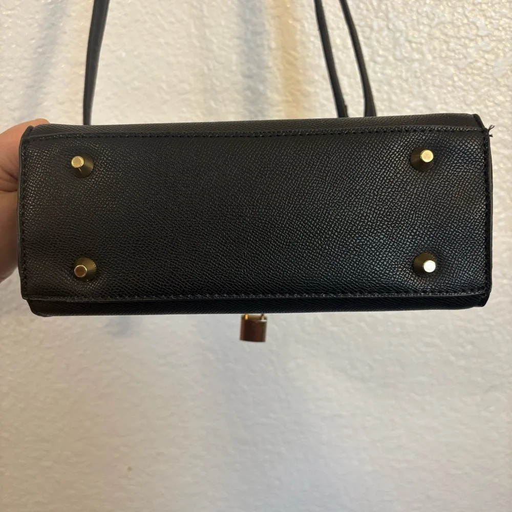 Black Structured Top Handle Satchel Handbag Women Faux Leather Gold Lock